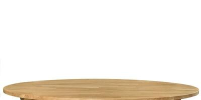 Wooden dinner table surface. Natural wood furniture close view. Tabletop isolated over white background photo