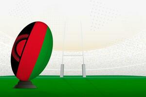 Malawi national team rugby ball on rugby stadium and goal posts, preparing for a penalty or free kick. vector