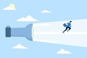 concept of guiding business direction, career path or solution to reach goal, guidance, help and support of manager, find way, confident entrepreneur walking forward with flashlight. vector
