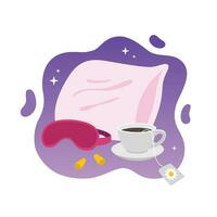 Set of items for better sleeping - pillow, face mask, earplugs, cup of chamomile tea. Good dream, relaxation, sleeping concept. trendy vector illustrations. flat design.