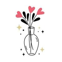 Cute bouquet of heart flowers in vase isolated on white background. Hand drawn line art vector illustration. Doodle style illustration.