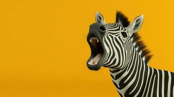 Zebra head close up. Yawning zebra with a funny face isolated on color background. AI generative photo