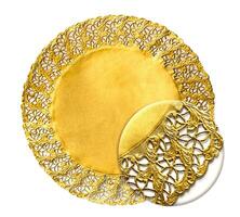 Golden confectionery napkin with decorative texture under magnifying glass photo