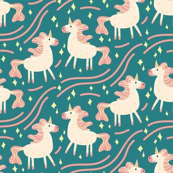 A pattern with a pink cute unicorn on a blue background. Seamless repeating pattern of background texture for fashionable fabrics, textile graphics, prints, etc. Children's texture for girls vector