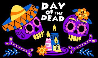 Vector hand illustration of the Mexican holiday Muerto. A postcard with traditional skulls, flowers, candles and the inscription Day of the Dead. Memorial Day greeting card