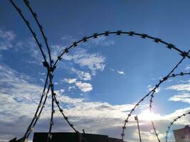 Barbed twisted wire metal fence close view photo