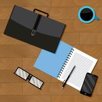 Top view of business, notebook and briefcase with documents. Desk top view vector, cup of coffee, phone and glasses illustration vector