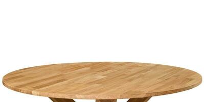 Wooden dinner table surface. Natural wood furniture close view. Tabletop isolated over white background photo