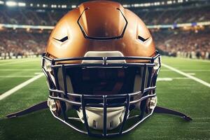 American football helmet on a football field. AI generative photo