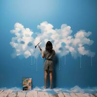 Young asian woman with a paintbrush in hand drawing a cloud. AI generative photo