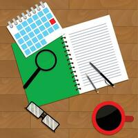 Wooden desktop view. Notebook and paperwork, organize business work. Vector illustration
