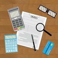 Accounting tax paying, pay taxation, money transfer and tax document, vector illustration