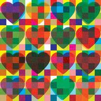 Heart shapes overlap transparent on colorful mosaic background with riso print effect vector illustration . Valentine card retro risograph technique.