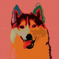 Colorful Siberian Husky face overlap transparent with risograph effect. Dog smiling high contrast defect screen printing effect vivid colors. vector