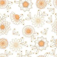 Seamless pattern with yellow autumn flowers marigold, calendula, chamomile in linear style isolated on white background vector