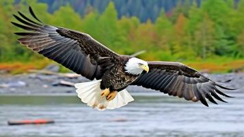 americano calvo águila en vuelo. calvo águila Haliaeetus leucocéfalo en vuelo. ai generativo foto