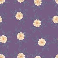 Seamless pattern with red marigolds and green leaves in a flat style isolated on purple background vector