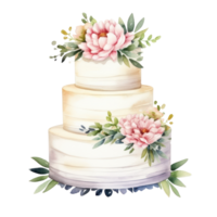 Watercolor wedding cake with flowers isolated. png