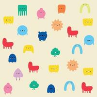 Hand drawn cute Tiny Little Doodle Monsters. Cheerful face emotions. vector