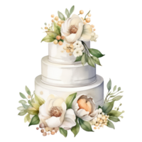 Watercolor wedding cake with flowers isolated. png