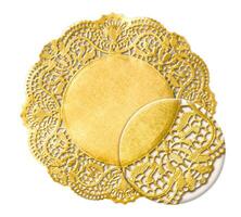 Golden confectionery napkin with decorative texture under magnifying glass photo