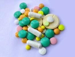 Stack of colourful pills, medicine background photo