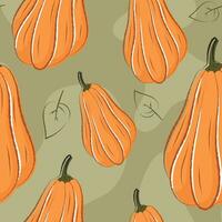 Autumn vector seamless pattern in warm colors. Pumpkin and the outlines of fallen leaves.
