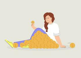 Happy woman getting profit or high income flat vector illustration.