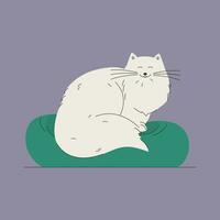 Adorable cute white cat sitting on soft cushion vector illustration.