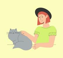 Smiling red haired girl loving cat kitty vector illustration.