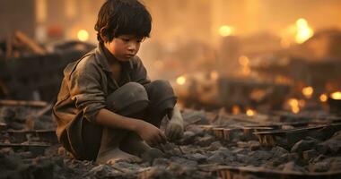 un menor de edad niño es trabajando en duro condición mundo día en contra niño labor ai generativo foto