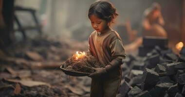 A underage Child is working on harsh condition world  day against child labor ai generative photo