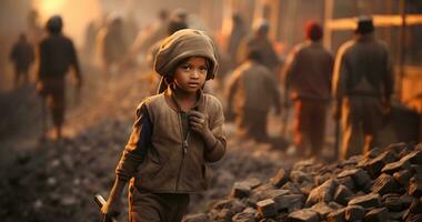 un menor de edad niño es trabajando en duro condición mundo día en contra niño labor ai generativo foto