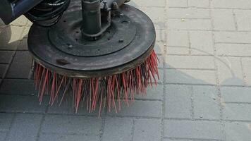 Broom of Road Sweeper Car Machine Close-up. Concept clean streets from debris. video