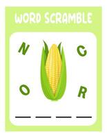 Word scramble. Corn. educational sheet for children vector