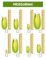 medición longitud con gobernante. educación desarrollando hoja de cálculo. juego para niños.vector ilustración. práctica hojas.de maíz medición en centímetros. vector