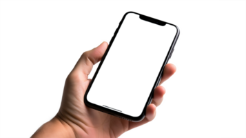 mockup hand- Holding mobiel telefoon met wit scherm geïsoleerd Aan transparantie achtergrond sjabloon, ai generatief png