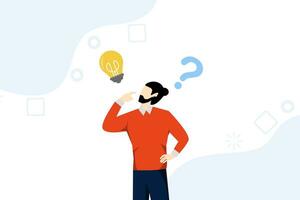 concept of solution to solve a problem, asking questions and answers, finding ideas, solving difficulties, businessman thinking of solutions to solving problems with light bulbs and question marks. vector