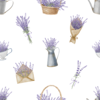 lavanda sin costura modelo con floral provence ramos de flores mano dibujado acuarela ilustración de floral Clásico ornamento para envase papel o textil diseño. botánico fondo con aromático salvaje hierba. png