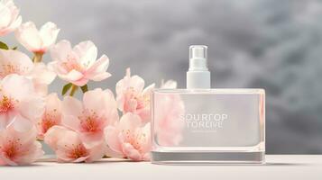 Perfume bottle with cherry blossoms on light background, closeup photo