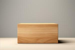Wooden podium for product display on wooden table photo