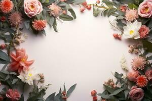 Beautiful floral frame on white background, flat lay. Space for text photo