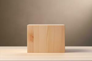 Wooden podium for product display on wooden table photo