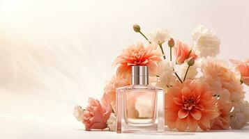 Perfume bottle with cherry blossoms on light background, closeup photo