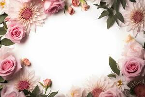 Beautiful floral frame on white background, flat lay. Space for text photo