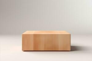 Wooden podium for product display on wooden table photo