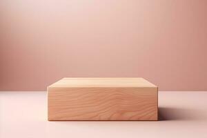 Wooden podium for product display on wooden table photo