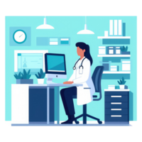 doctor's office with a desk working with a computer and medicine . AI Generated png