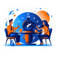 people sitting on a desk with a clock drinking coffee . AI Generated png