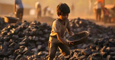 un menor de edad niño es trabajando en duro condición mundo día en contra niño labor ai generativo foto